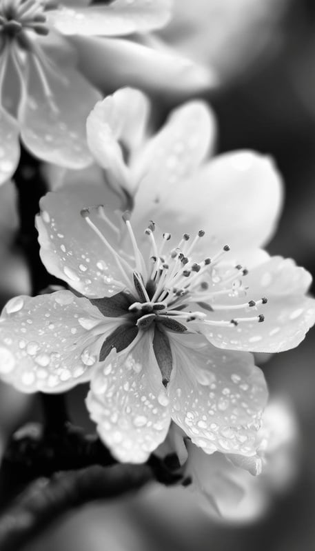 Cherry blossom close up in black and white retro style